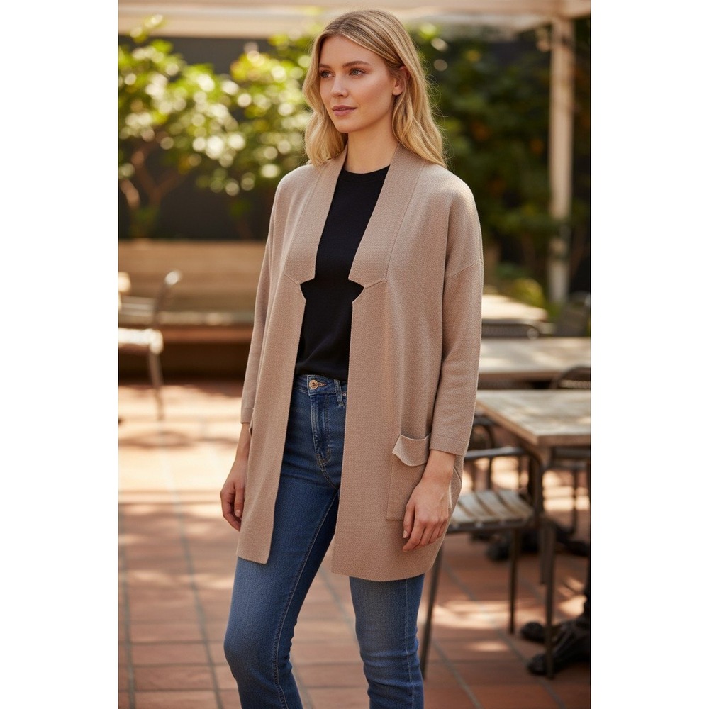 Grace Karin Women's Duster Cardigan Open Front Pockets Shawl Collar Beige Size L